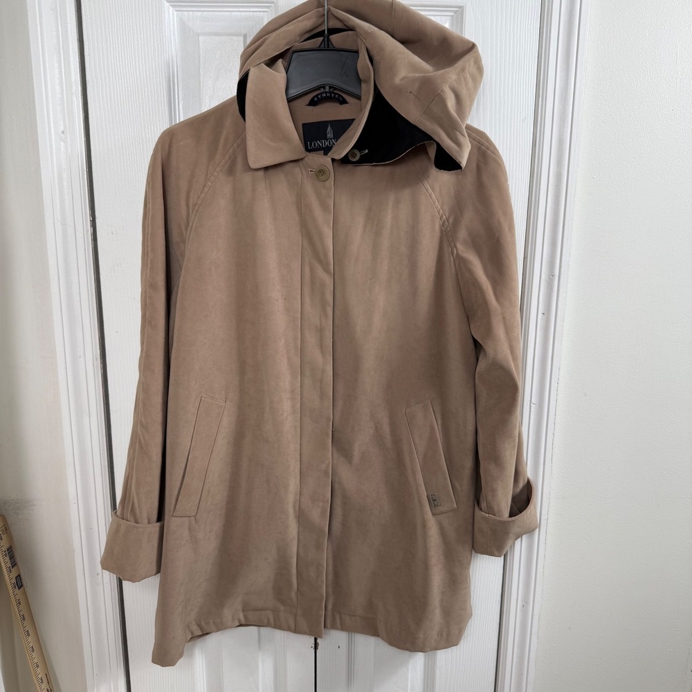 London Fog Hooded Trench Coat S Petite Tan Beige Classic Minimalist Quiet Luxury